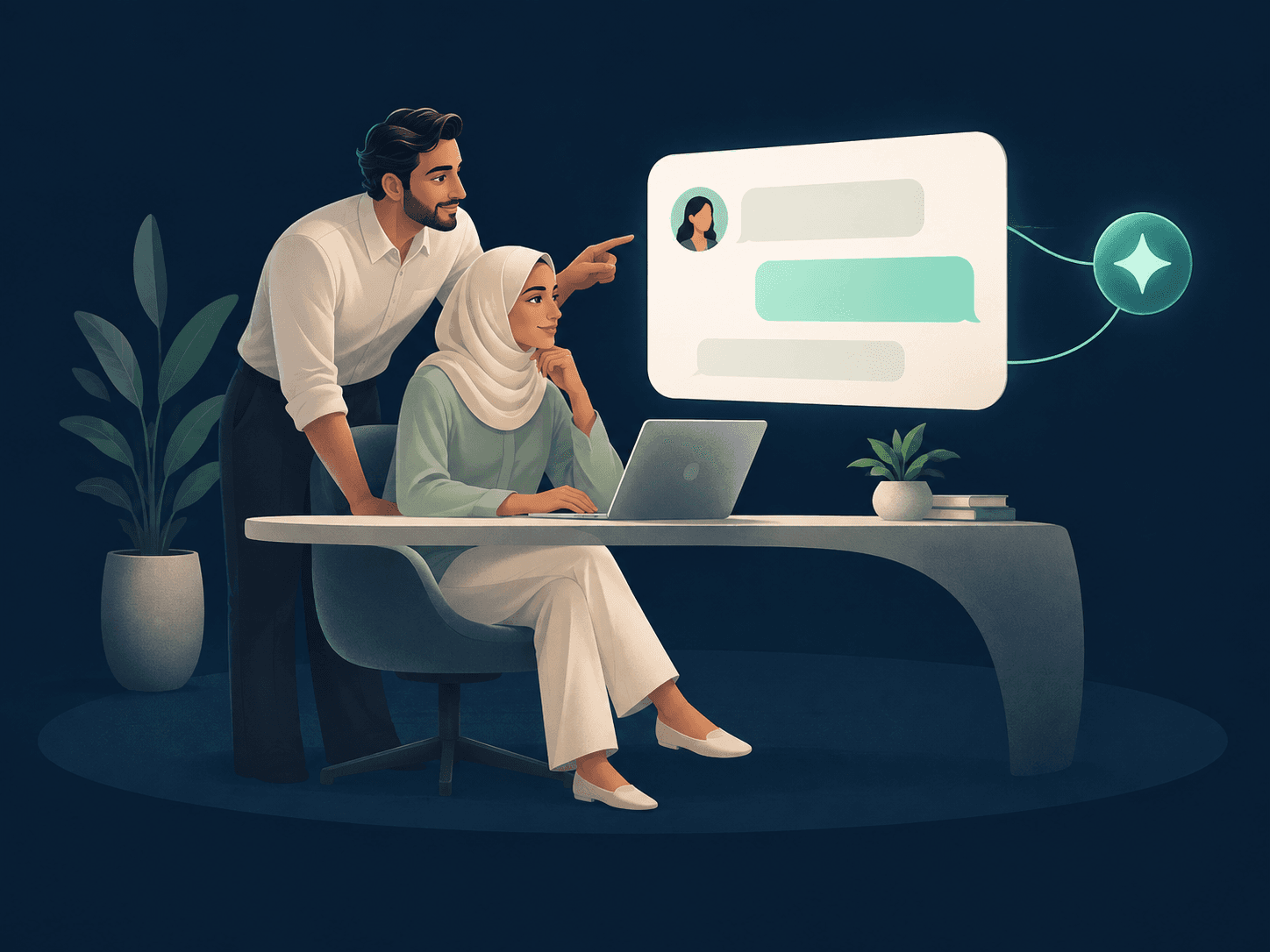رسم توضيحي لزميلين في فريق الدعم بجانب لوحة محادثات مشتركة، مع فقاعات رسائل ورمز للذكاء الاصطناعي.